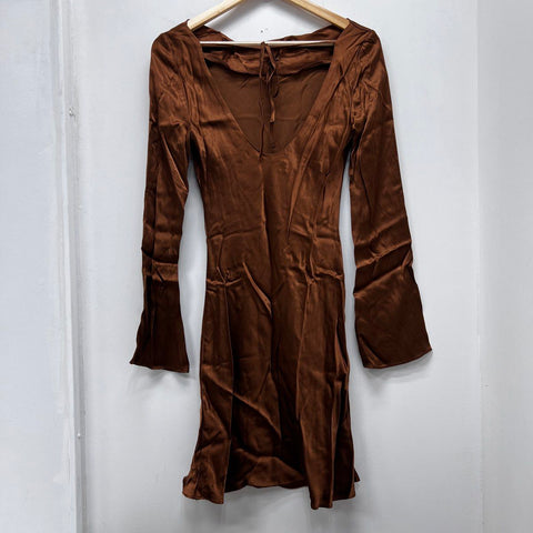 Anthropologie Women's Brown Satin Long Bell Sleeve Back Tie Mini Dress NWT Sz XS