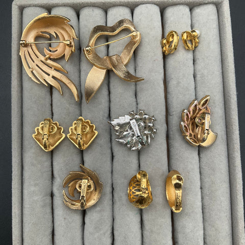 Vintage Crown Trifari Costume Jewelry Lot of 11 Brooches Clip-On Earrings Signed
