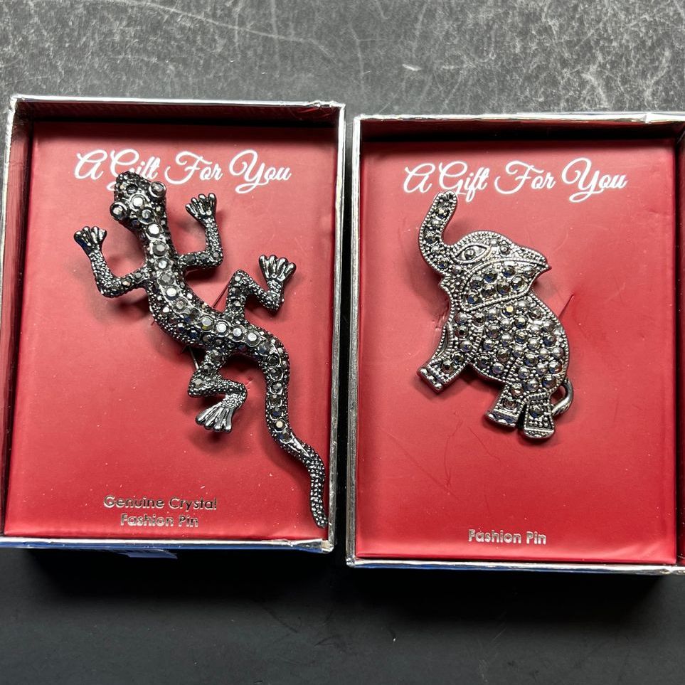 Genuine Crystal Lizard & Elephant Brooches NIB