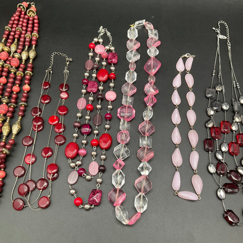 Mixed Costume Jewelry Lot of 9 Necklaces Pink Red Beaded Multi-Strand Statement