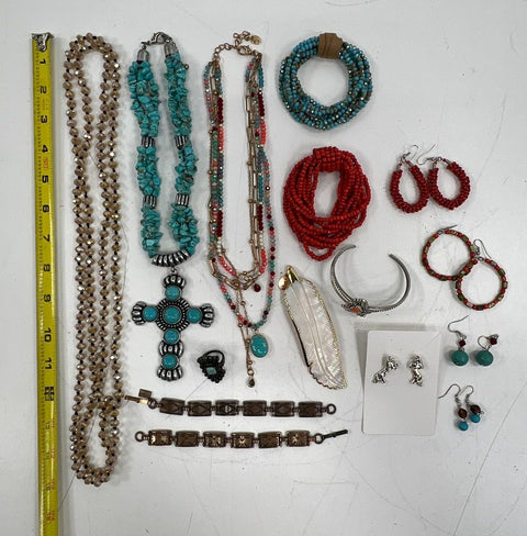 Lot 14pc Southwestern Style Jewelry Faux Turquoise Coral Cross Feather Horses