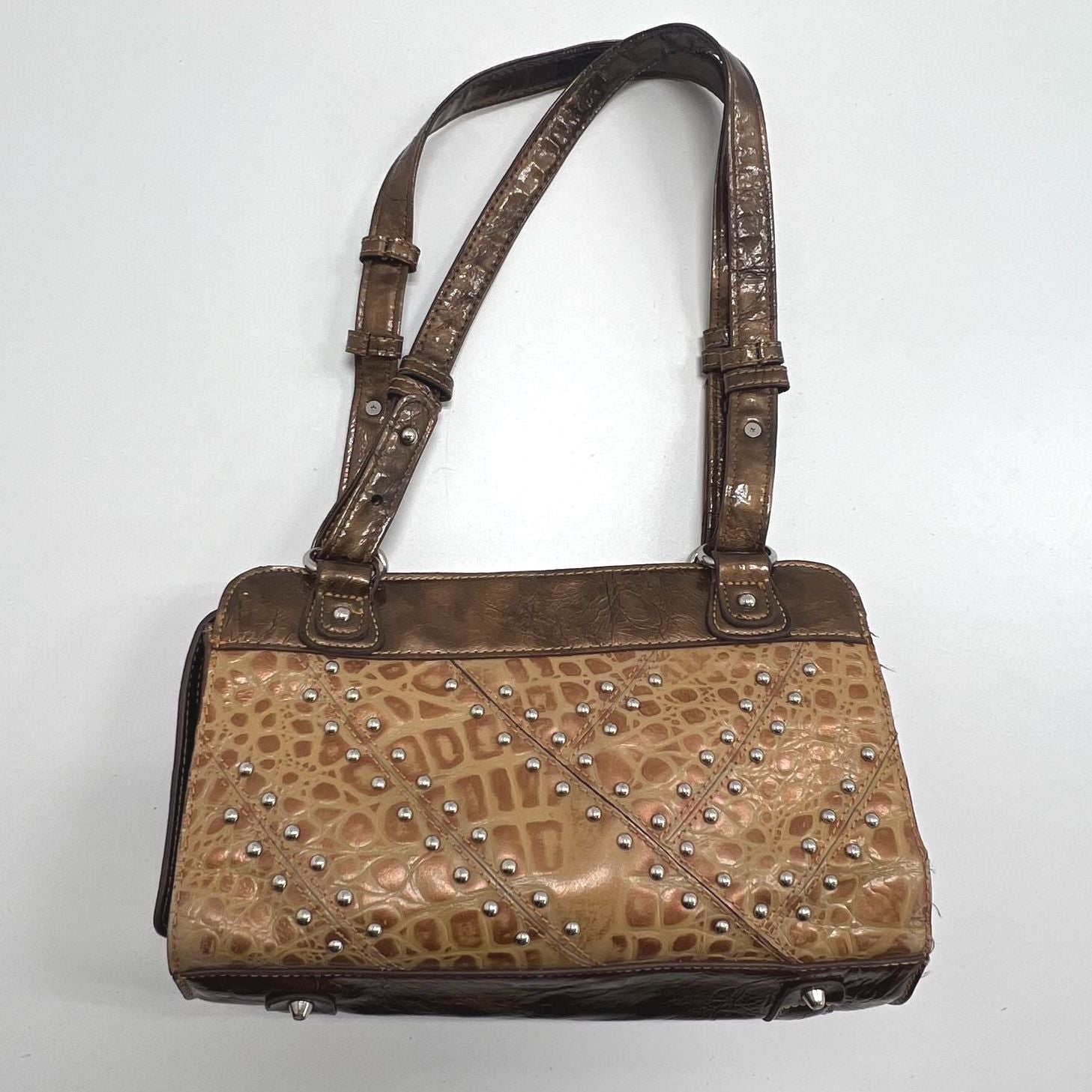 MC Bronze Brown Satchel Adjustable Straps Embellished Animalprint Silver Toned