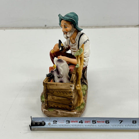 Ceramic Figurine Carpenter Building Doghouse with Dog Hand-Painted 8 Inch