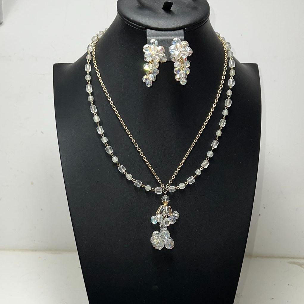 Vintage Multifaceted Iridescent Beaded Necklace and Clip On Earrings Set
