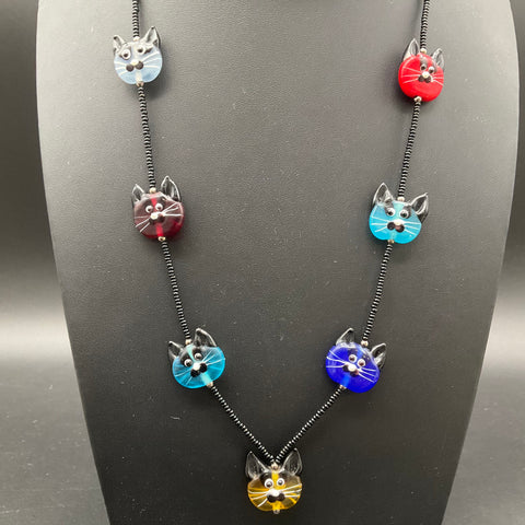 Vintage Handmade Art Glass Lampwork Cat Necklace & Earrings Jewelry Set