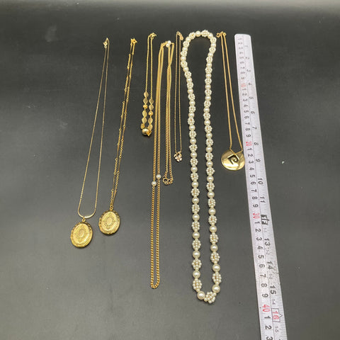 Vintage to Modern Costume Jewelry Lot 7 Necklaces Faux Pearl Lockets Gold Tone