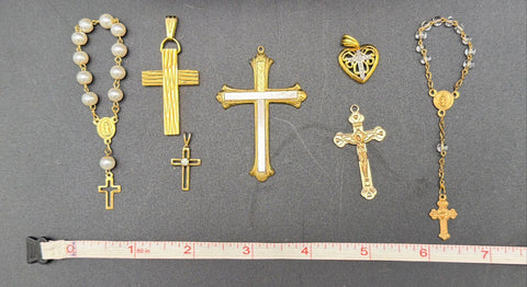 Religious Costume Jewelry Lot 15pc Gold Tone Crosses Mustard Seed Locket