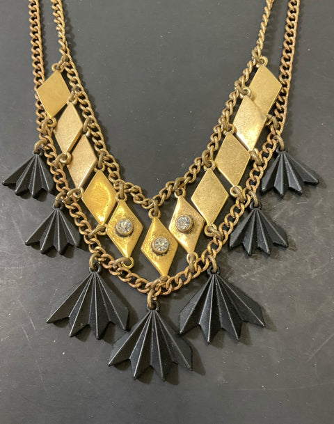 J. Crew Gold Tone Statement Chain Dangle Frond Necklace Rhinestones 2000s Y2K