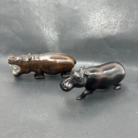 Vintage Hand Carved Hardwood Hippo Figurines Set of 2 African Art Open Mouth