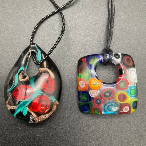 Murano Glass Pendant Necklace Lot of 2 Millefiori Floral Made in Italy