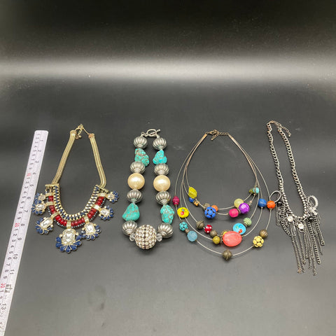 Vintage Costume Statement Necklace Lot 4pc Turquoise Faux Pearl Rhinestone Bib