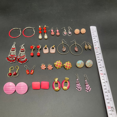 Vintage & Modern Costume Jewelry Lot 19 Pairs Earrings Pink Red White Retro