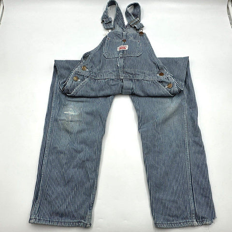 Vintage Round House Kids Hickory Stripe Denim Workwear Overalls USA Made Sz 16