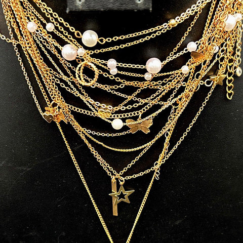 Mixed Costume Jewelry Lot 15 Pcs Gold Tone World Map Compass Star Faux Pearl