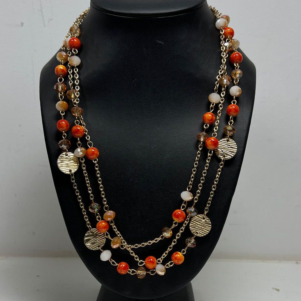 Orange Multifaceted Beaded Gold Tone Necklace