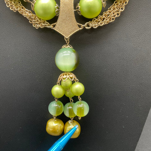 Vintage Gold Tone Multi Strand Green Bead Tassel Necklace Mid Century Style