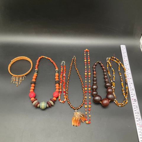Vintage Boho Jewelry Lot of 7 Tiger's Eye Wood Bead Feather Stone Necklaces