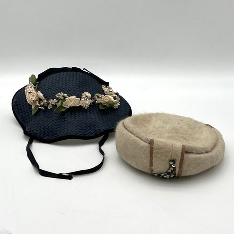 Vintage 50s Women's Pillbox Hat Lot Ranleigh Tan Wool & Black Floral Woven Straw