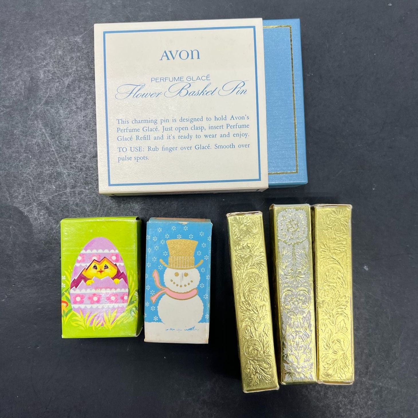 Vintage Avon Perfume Pins Chick a Peep Flower Basket Regence Lot of 6