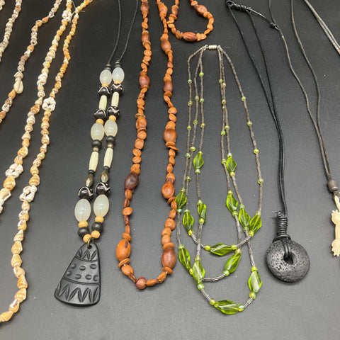 Bohemian Natural Material Necklace Lot 10pc Shell Seed Beaded Ethnic Coin