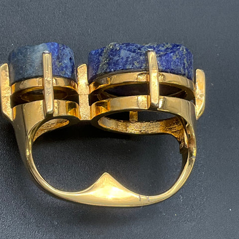 Karla Dares Gold Tone Blue Stone Double Finger Ring Size 6 6.25 Statement