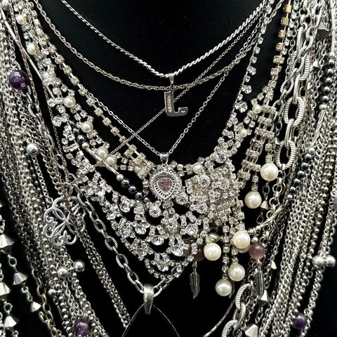 Vintage & Modern Silver Tone Necklace Lot Owl Initial Rhinestone Bib 20 Pieces