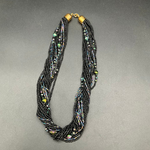 Vintage Iridescent Black Seed Bead Multi-Strand Necklace Earring Set Demi Parure