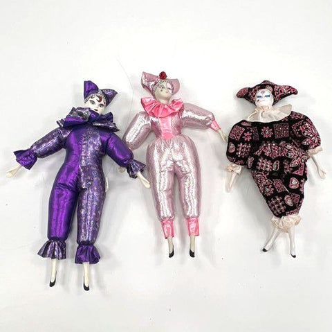 Vintage Sugar Loaf Clown Doll Lot 16 Inch Porcelain 3 Pieces Jester Harlequin