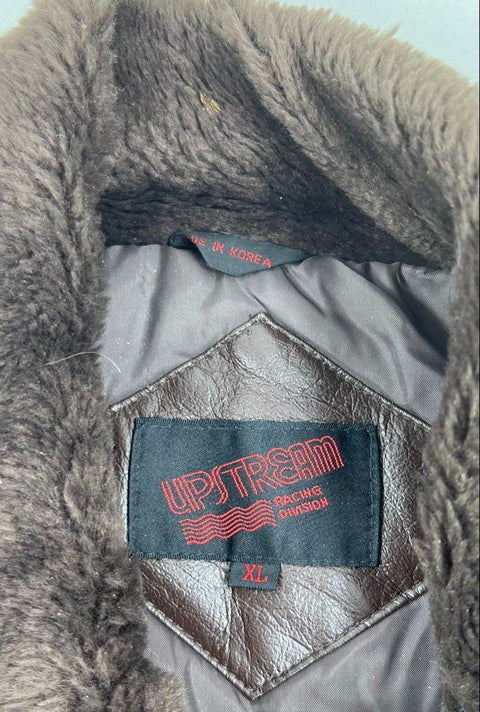 Vintage 80s Upstream Men's Brown Faux Leather Fur Collar Bomber Jacket Size XL