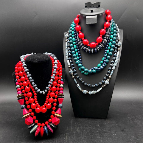 Vintage Costume Jewelry Beaded Necklace Lot 11 Pieces Mixed Era Boho Bold