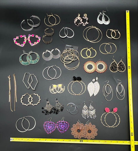 Costume Jewelry Earring Lot of 33 Pairs Hoops Dangles Drops Boho Mixed Styles