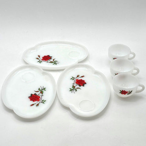 Federal Glass Rose Milk Glass Snack Set 3 Cups 3 Plates 6 Piece Vintage