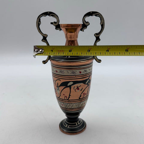 Vintage Greek Copper Vase Handmade Hand Painted Goat Motif Ornate Handles Greece