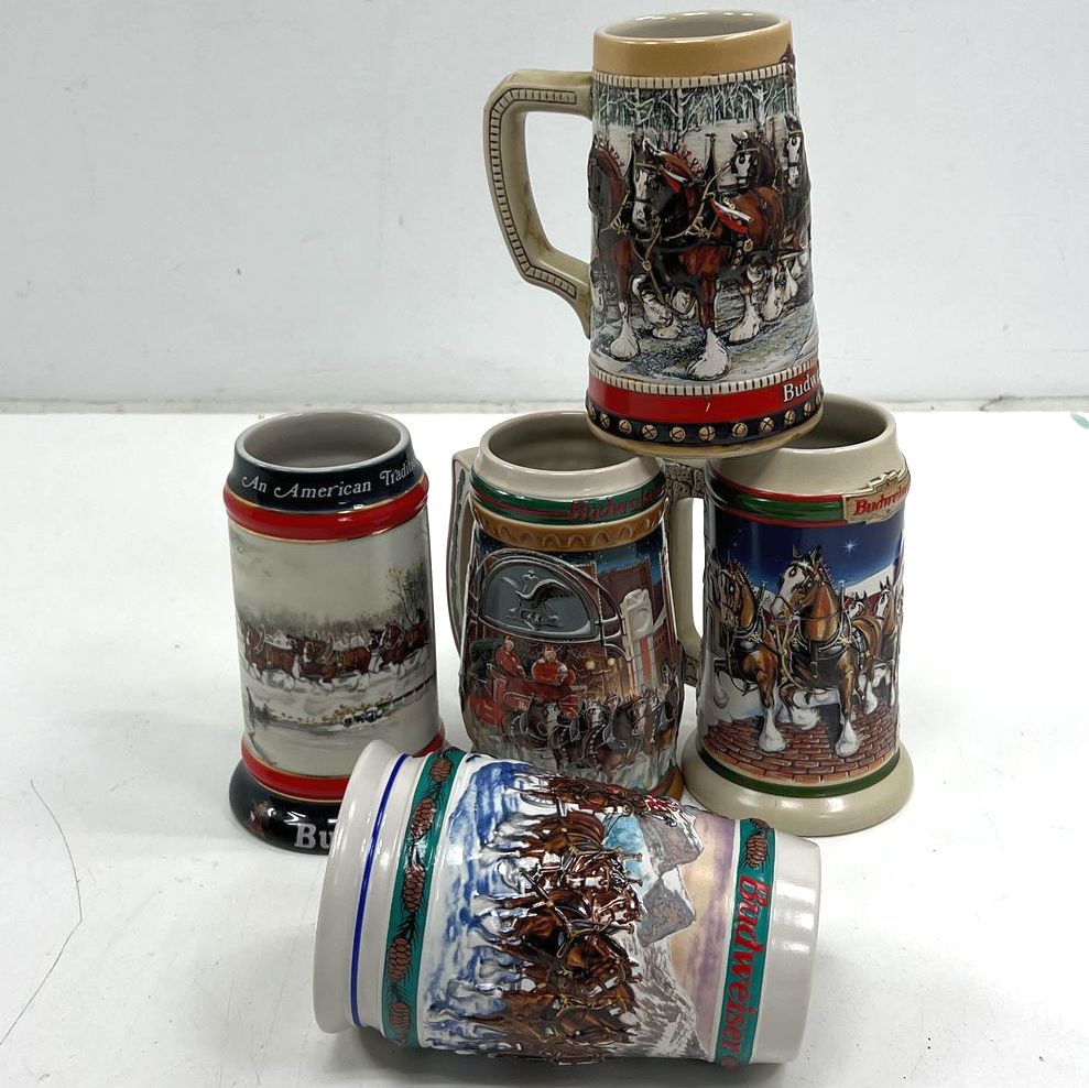 Vintage Budweiser Clydesdale Holiday Beer Stein Lot 5 pc Set 1988-1998