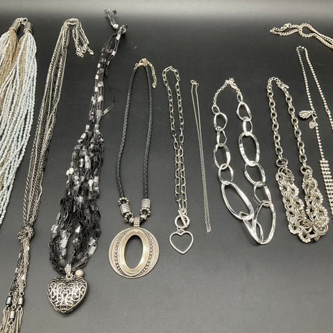 Mixed Silver Tone & Black Fashion Necklace Jewelry Lot 10 Pieces Heart Tassel