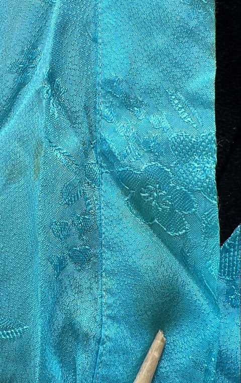 Vintage 60s Turquoise Embroidered Floral Jacquard Silk Kimono Robe One Size