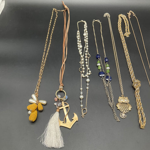 Fashion Jewelry Lot of 7 Necklaces Anchor Owl Faux Pearl Gold Silver Tone