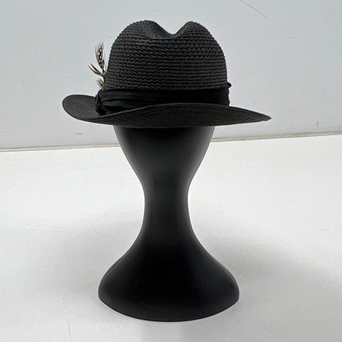 Stacy Adams Men's Black Braided Woven Fedora Hat Feather Trim Sz M