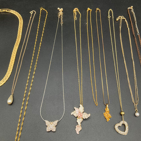 Vintage Fashion Costume Jewelry Lot 11 Necklaces Rose Quartz Heart Butterfly