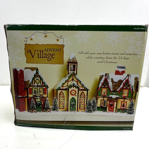 Advent Village Christmas Calendar 3 Piece Wood Composite Set 24 Doors With Box