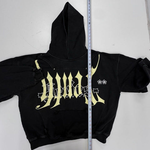 WWH Whole Wheat Honey Men's Black Gothic Heavyweight Boxy Hoodie Thumbholes Sz S
