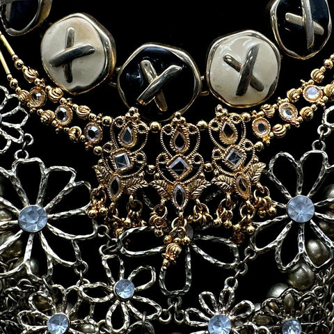 Statement Fashion Bib Necklaces Lot 2pc Gold & Silver Tone Multi-Strand Boho