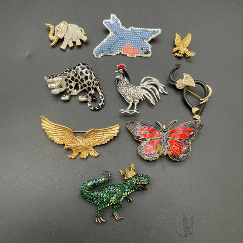 Animal Brooch Jewelry Lot of 9 Vintage and Modern T-Rex Eagle Leopard Elephant
