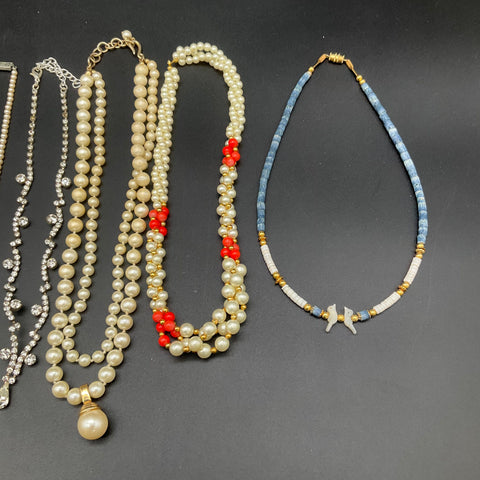 Vintage Costume Jewelry Lot 9 Necklaces Faux Pearl Rhinestone Gold Silver Tone