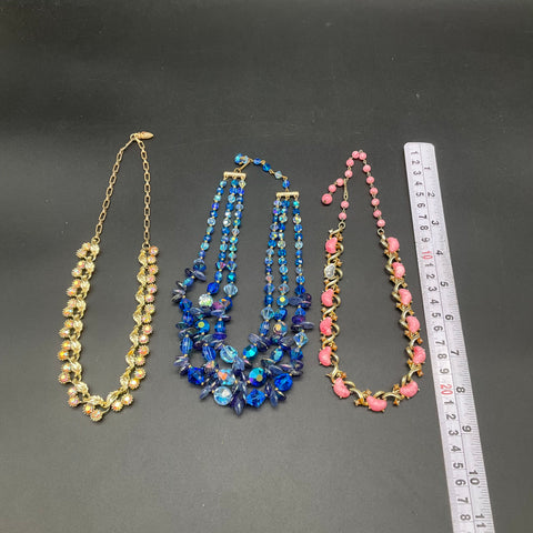Vintage Jewelry Lot 3 Coro Pink Thermoset Blue Crystal AB Rhinestone Necklaces