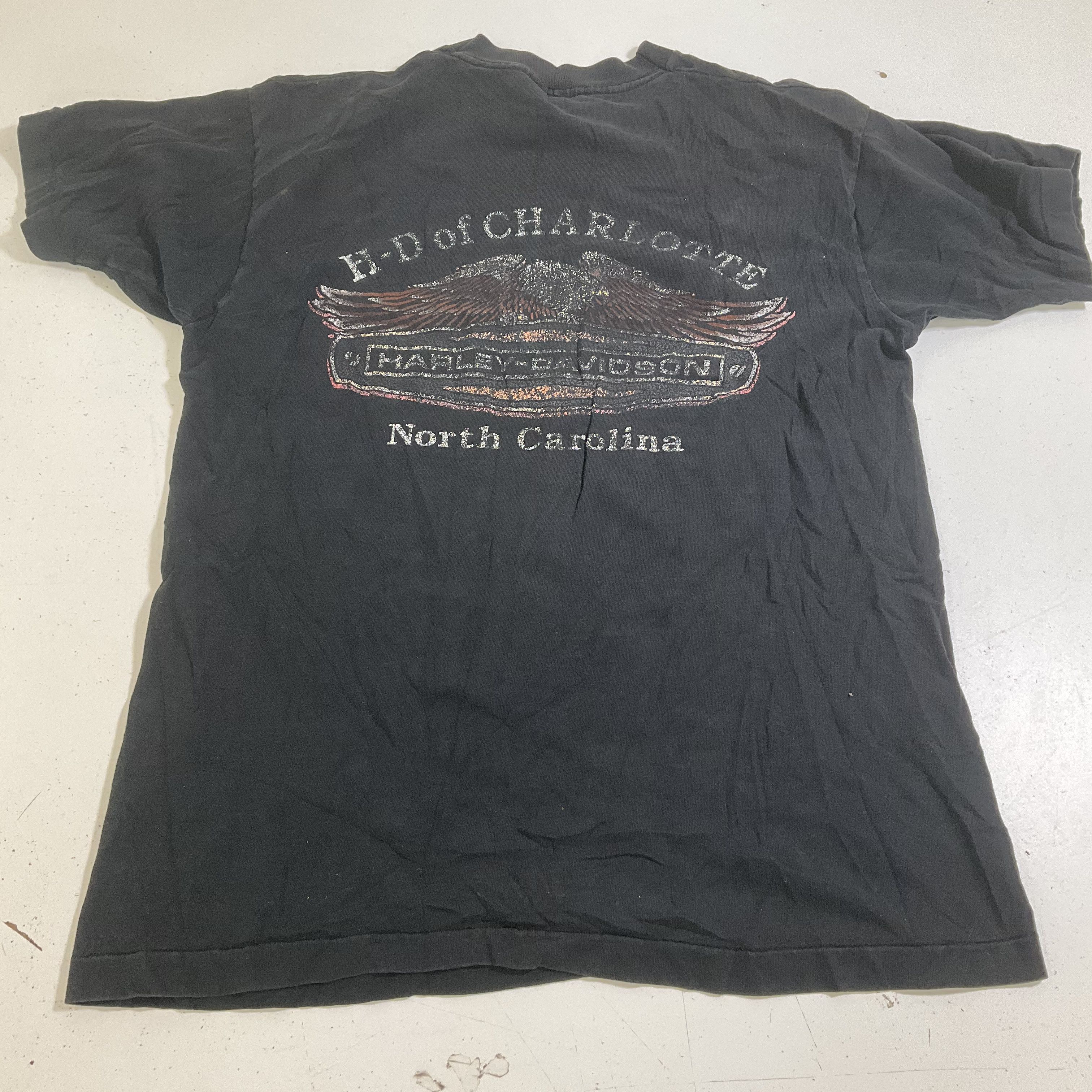 Vintage 90s Harley Davidson Charlotte NC Eagle Logo T Shirt Black Biker Size L