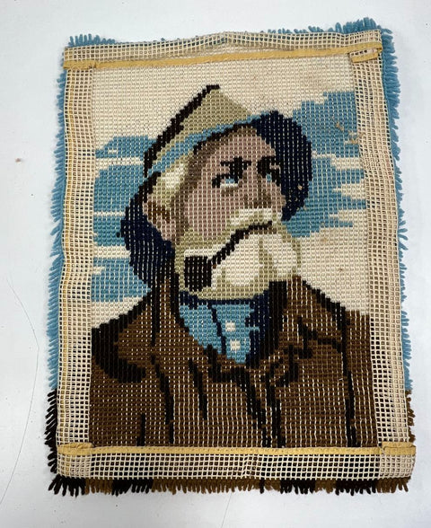 Vintage 70s Handmade Latch Hook Rugs Lot of 2 Fisherman & Monogram B Wall Art