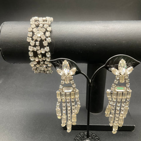 Vintage Mid-Century Silver Tone Rhinestone Bracelet & Chandelier Clip Earrings