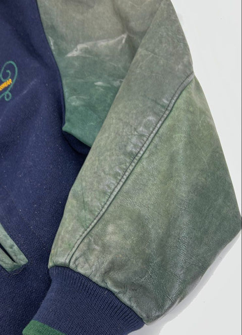 Vintage 90s Dehen Men's Blue Wool Leather Sleeve Varsity Jacket XL Embroidered