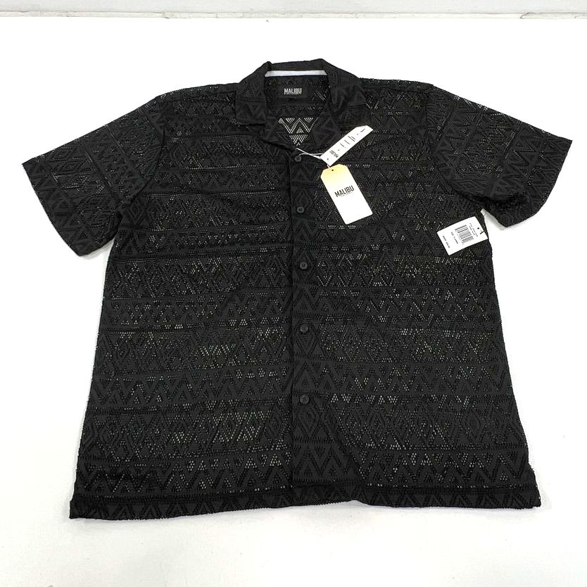 NWT Men's Malibu by Drift Black Punched Polyester Button Up Shirt - Size XL